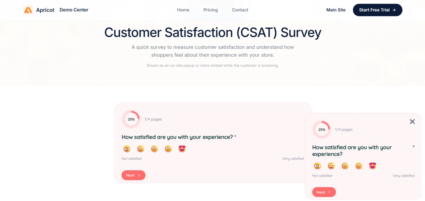 Apricot pop-up customer satisfaction survey on a demo store