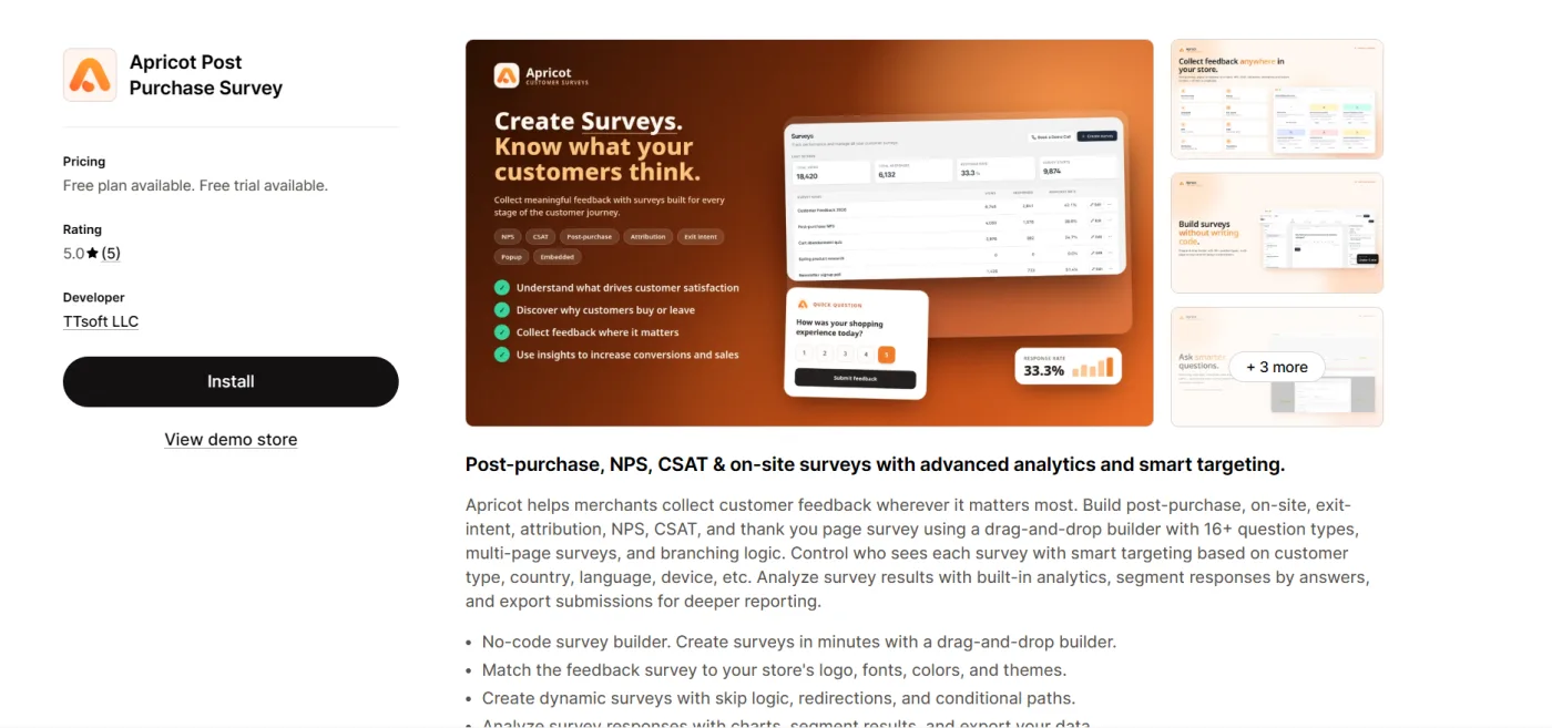 Apricot Survey App listing on the Shopify App Store