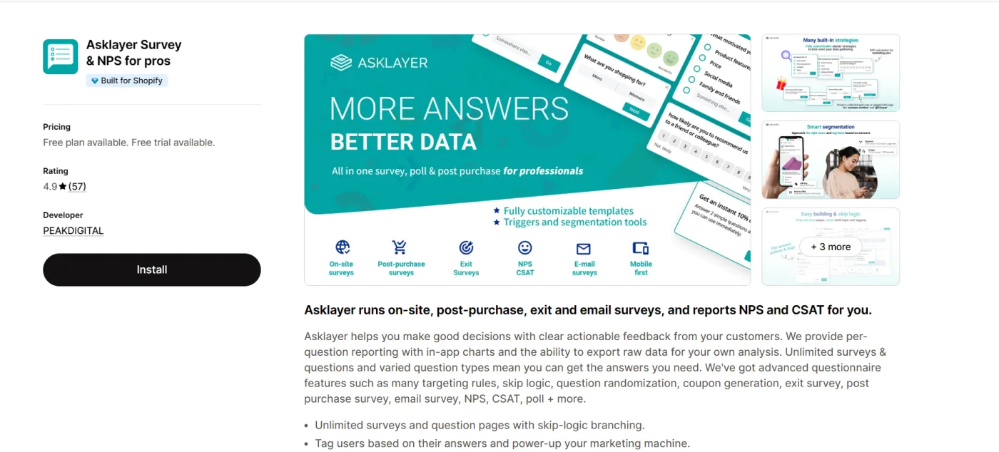 Asklayer Survey & NPS for pros listing on the Shopify App Store