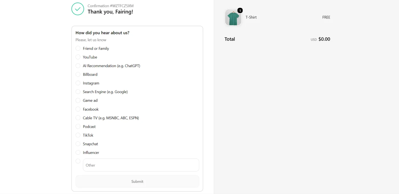 Fairing post-purchase attribution survey on an order confirmation page