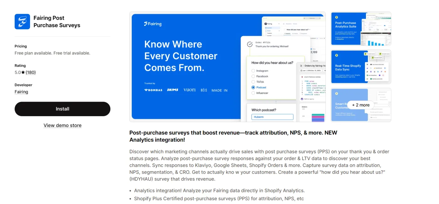Fairing Purchase Surveys listing on the Shopify App Store