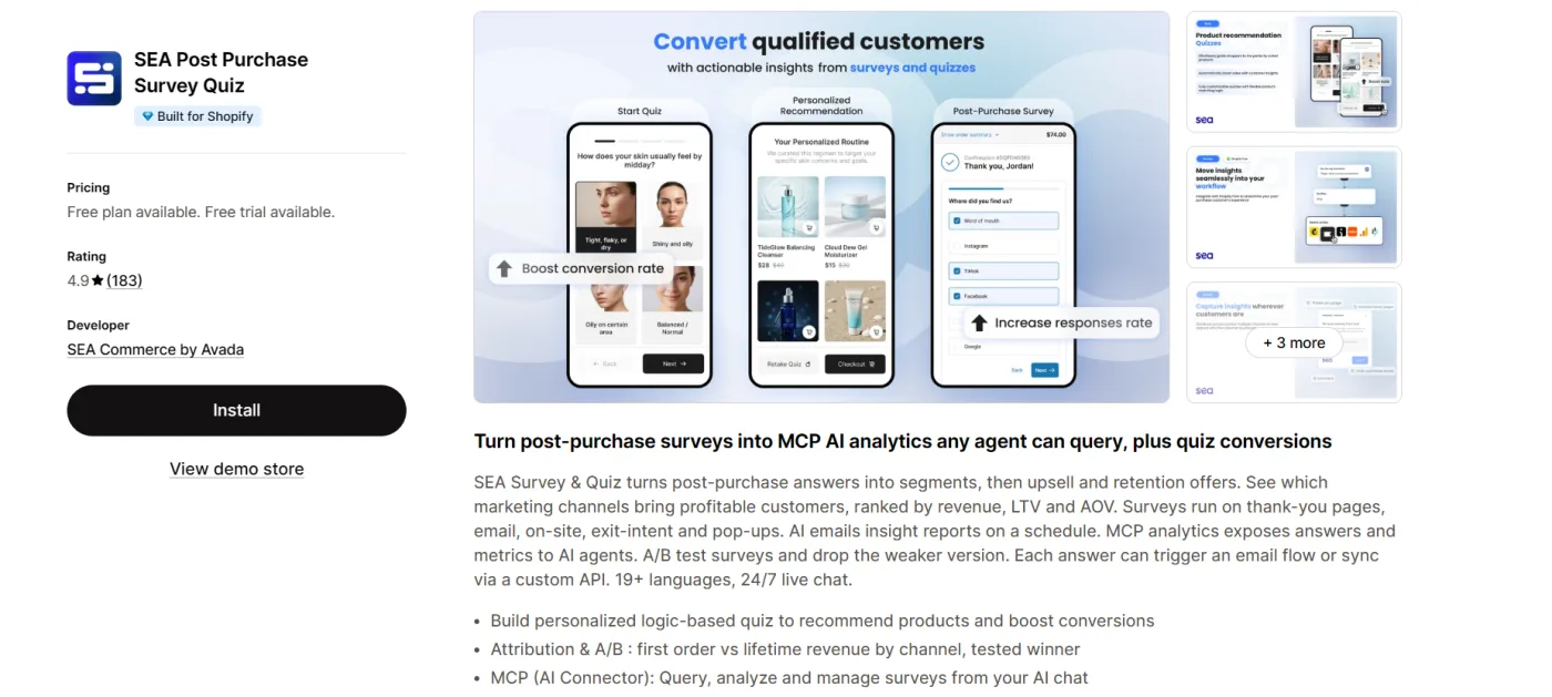 SEA Post-Purchase Survey Quiz listing on the Shopify App Store