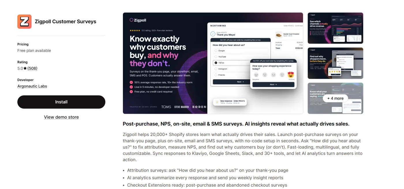 Zigpoll Customer Surveys listing on the Shopify App Store