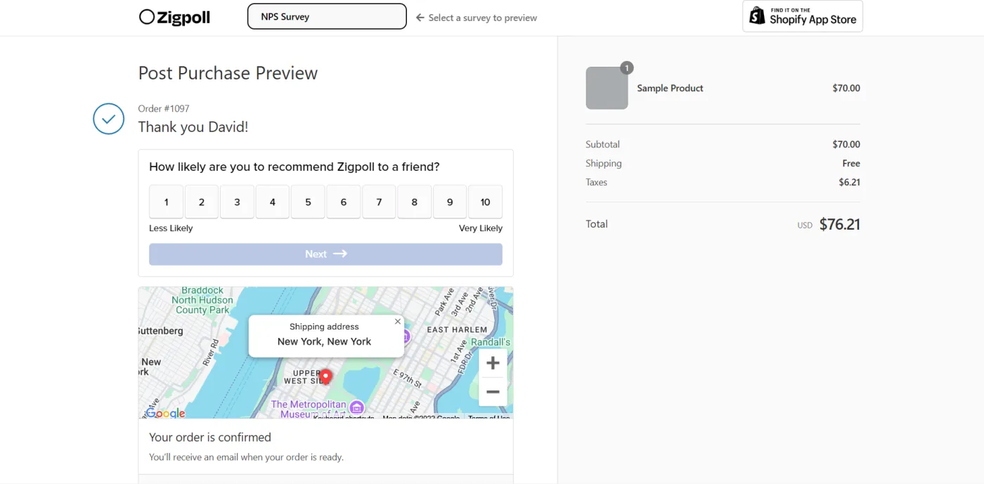 Zigpoll post-purchase NPS survey under the order confirmation