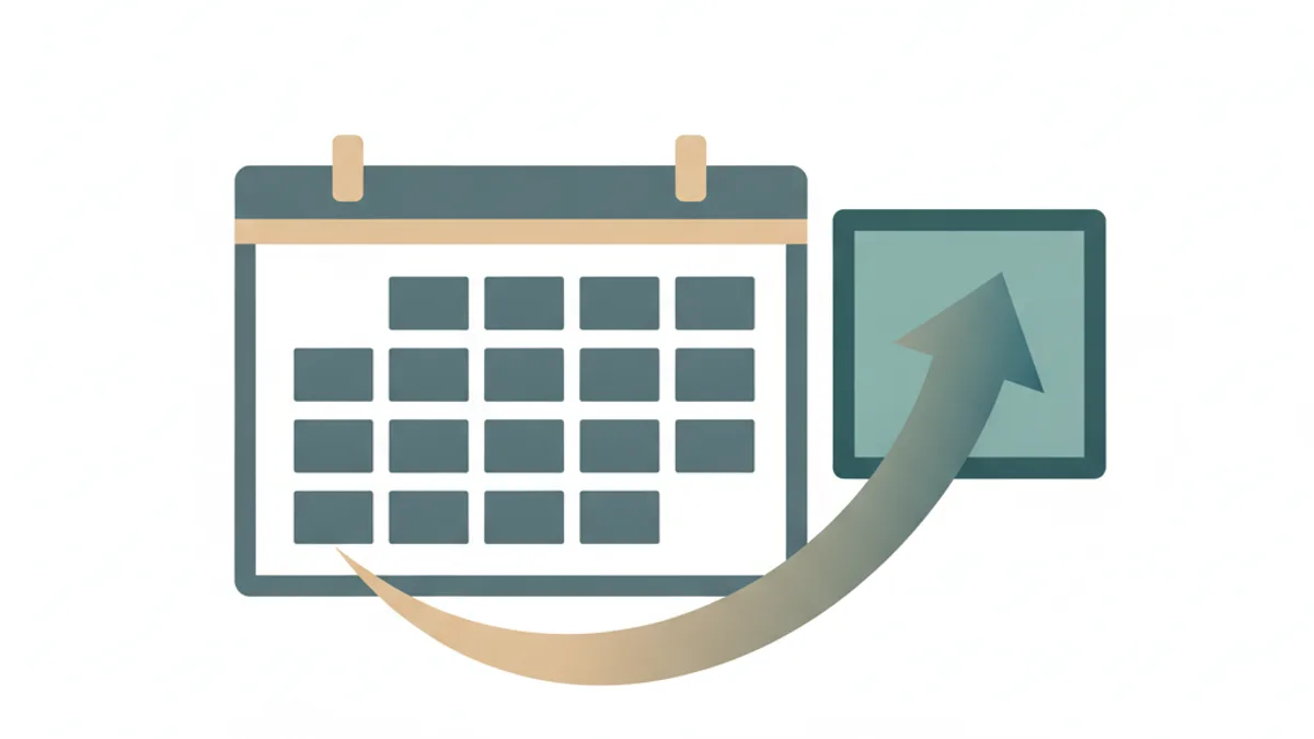 Wall calendar showing 12 months beside a bold card labeled 1, with a thick upward-trending arrow bridging both.