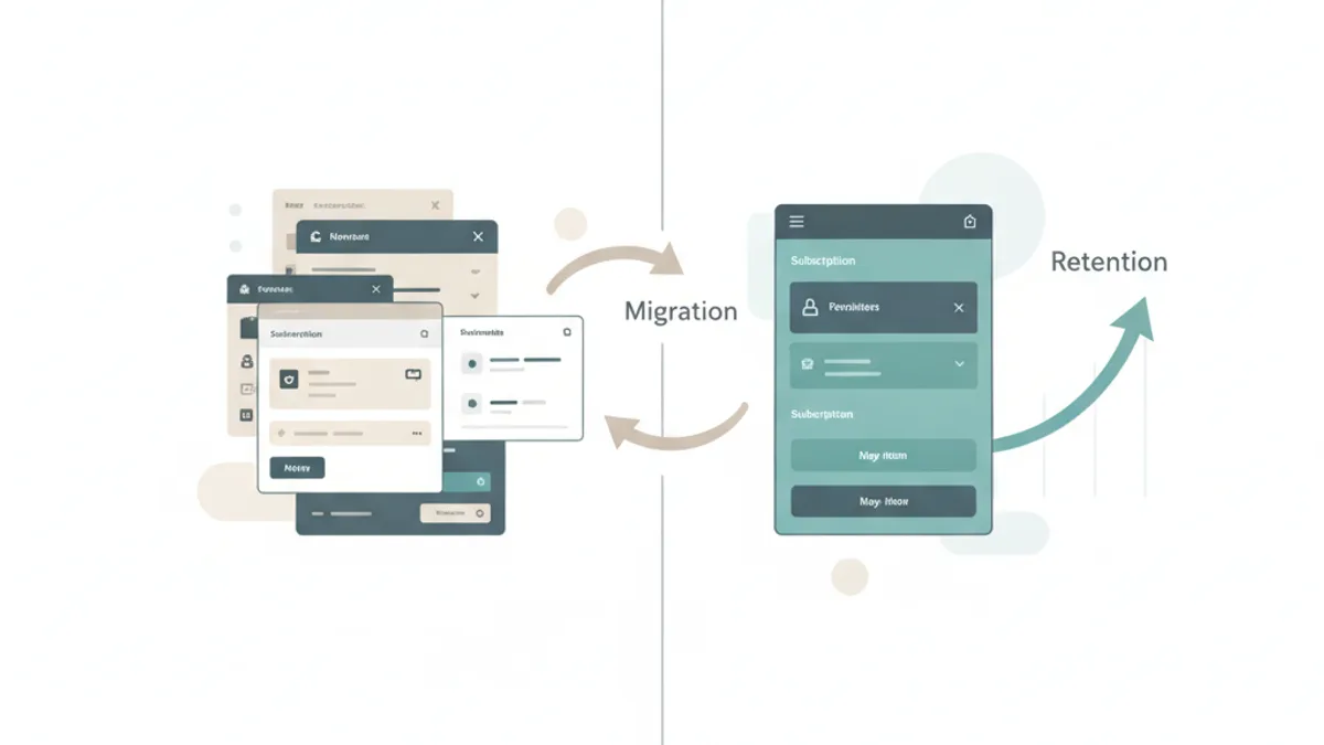 A split Shopify storefront with a cluttered widget on the left and a sleek widget, upward chart, and migration arrow on the right.