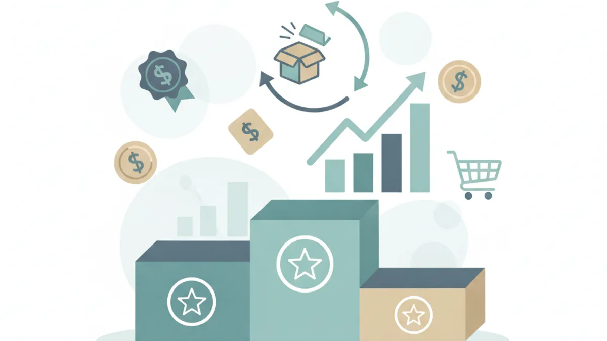 Three-tiered trophy podium with star icons, floating reward tokens, rising bar charts, and arrows looping from a reward badge back to a shopping cart.