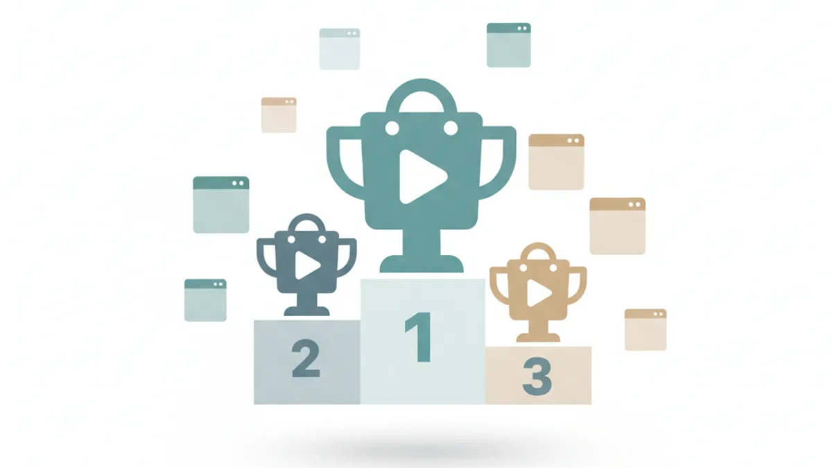 A gold, silver, and bronze podium displaying trophy-shaped shopping bag icons, surrounded by fading app-window tiles in the background.