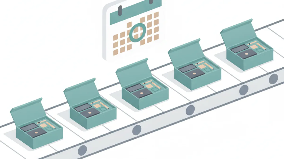 A conveyor belt carries evenly spaced open branded boxes, each holding an identical neatly arranged kit, with a circled-date calendar behind.
