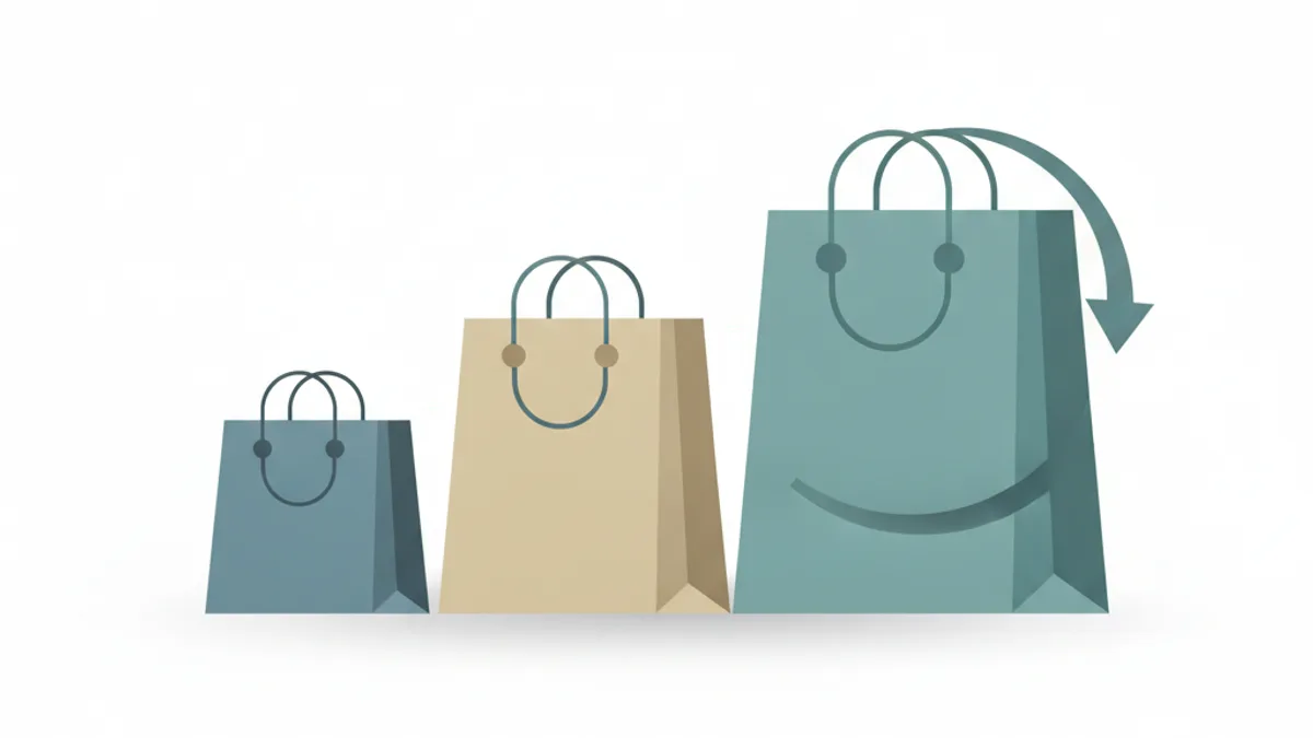 Five shopping bags arranged as an ascending bar chart, with a circular arrow looping back around the tallest bag.