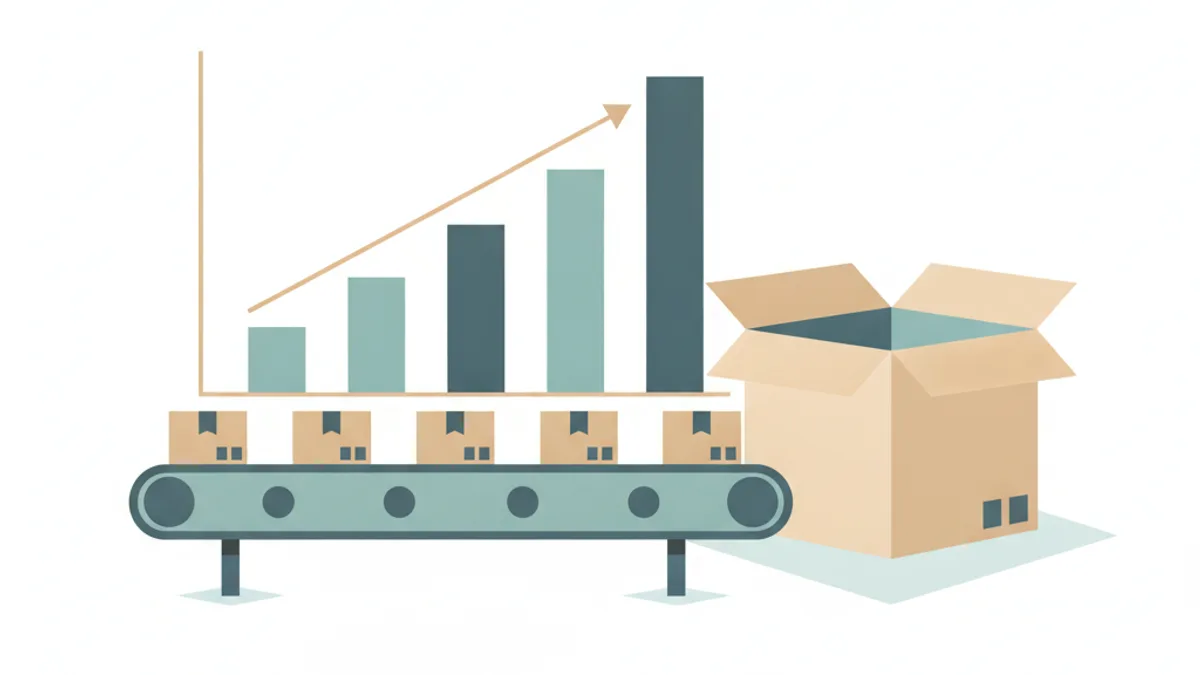 A conveyor belt feeds uniform product boxes into a shipping box beside a bar chart with rising revenue bars.