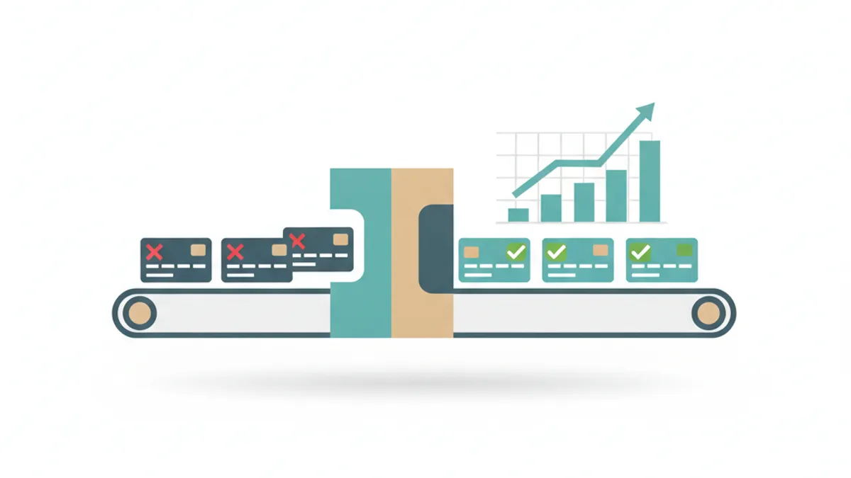 Conveyor belt feeding red-X credit cards into a machine, outputting green-checkmark cards beneath a rising bar chart.