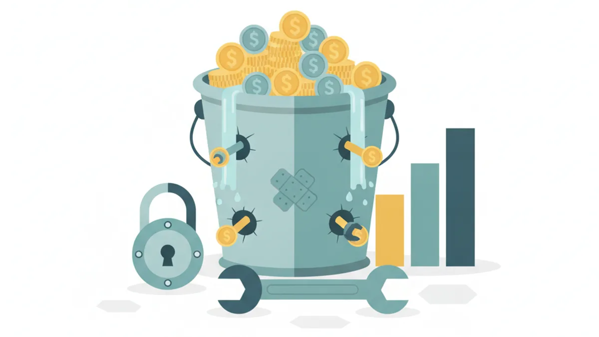 A bucket with coins leaking through holes sits beside a wrench, padlock, and rising bar chart, with patches visible over some holes.