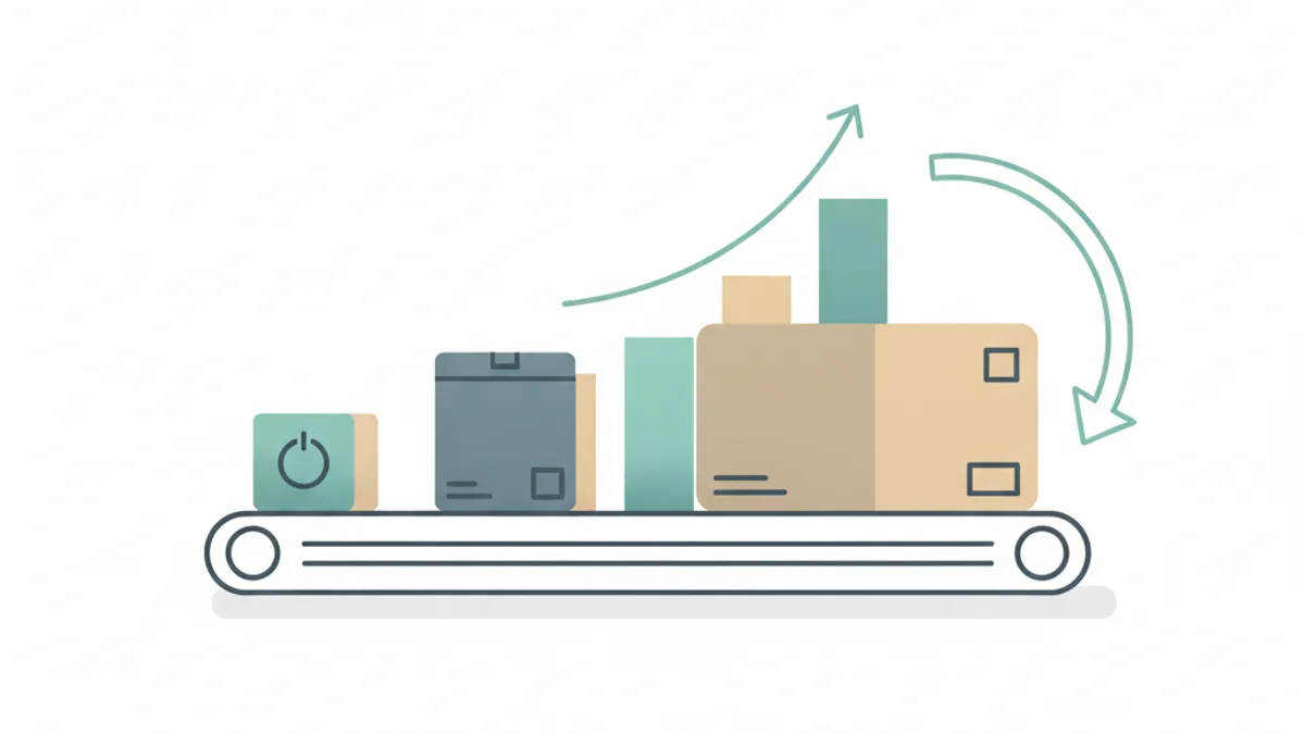 Three stacked boxes of increasing size on a conveyor belt loop toward a rising bar chart in the background.