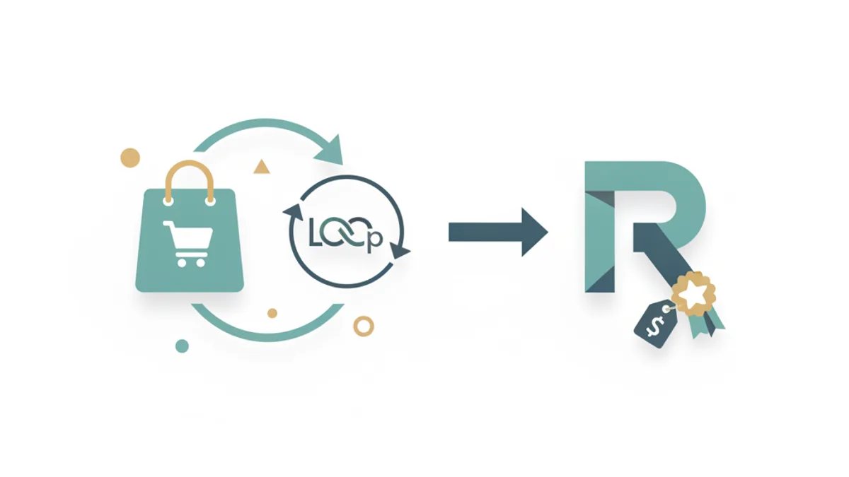 A Shopify bag and Loop icon joined by a curved arrow, beside a straight arrow pointing to a bold R logo with a $0 tag and star badge.