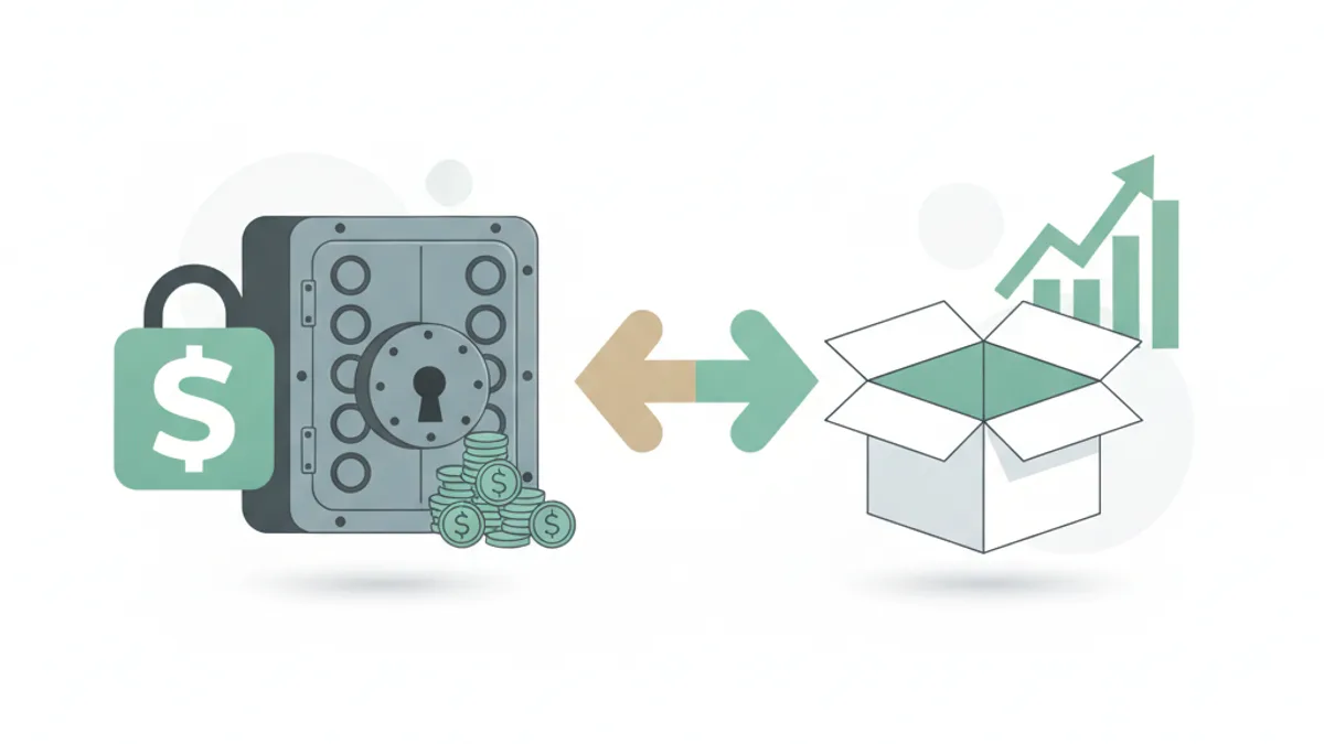 Shopify icon with a forked arrow: one path to a locked vault with stacked coins, the other to an open box with a rising green chart.