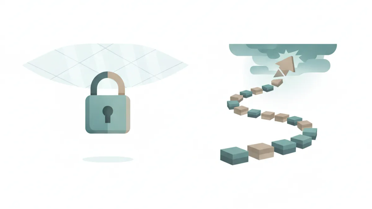 A padlock on glass left, stacked subscription boxes forming an upward spiral with an arrow breaking into open sky right.