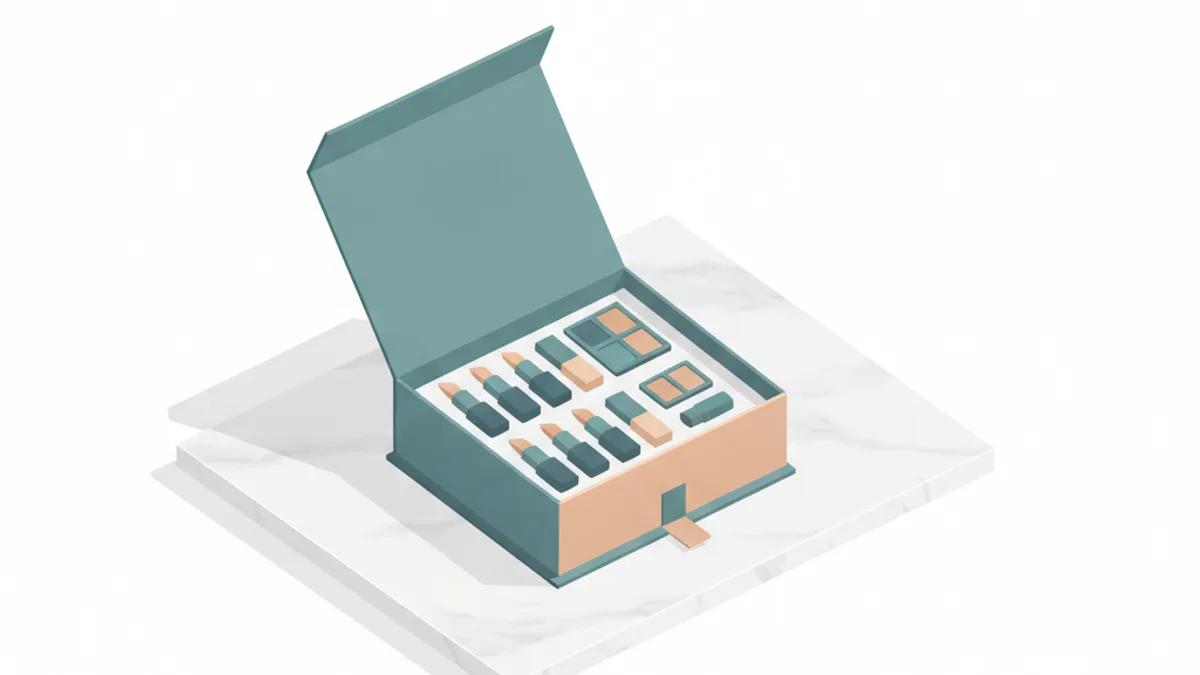 An open subscription box on marble displays a neat grid of lipsticks, serums, and eyeshadow compacts; a renewal arrow and a dip-then-rise chart overlay the scene.