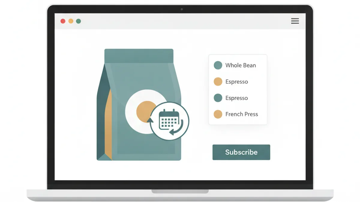 Laptop screen showing a Shopify product page with a coffee bag, circular calendar, rotating arrow, and an open grind-options dropdown menu.