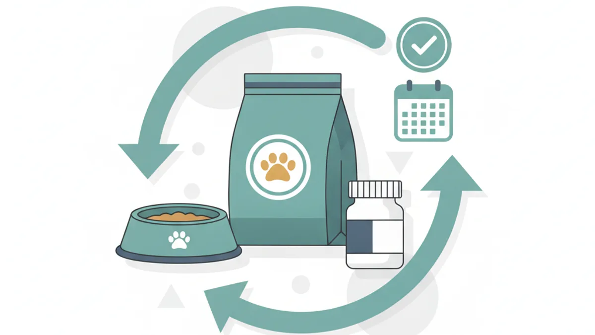 Three pet items in a circular arrow loop, with a green checkmark badge and a repeating-dates calendar icon anchored to the cycle.