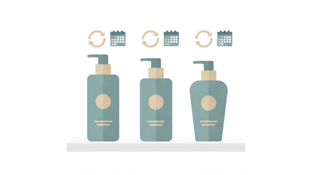 Three skincare bottles in a row, each topped with a circular arrow and a small calendar with checkmarks.