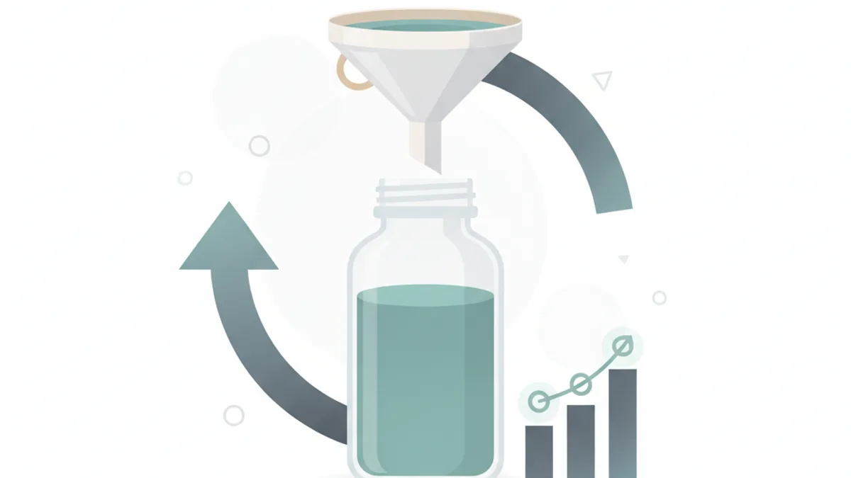 A glass supplement bottle filling under a funnel, encircled by a looping arrow, next to a small rising bar chart on white.