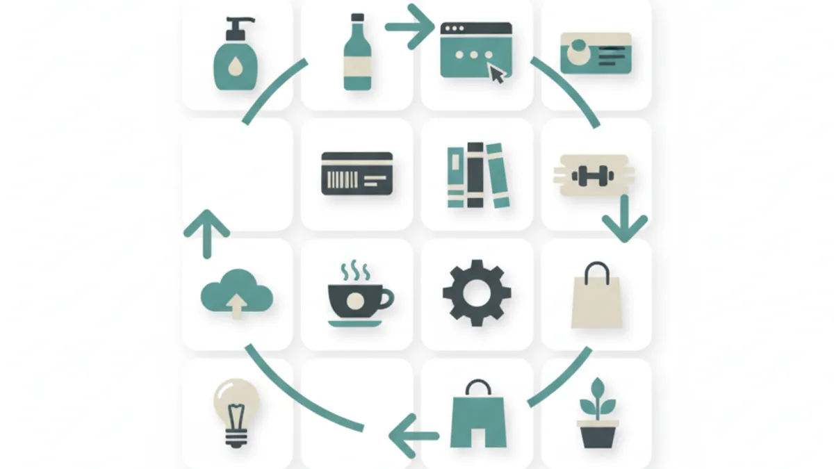 Twelve product icons arranged in a grid of tiles, linked by a circular arrow looping through each one.