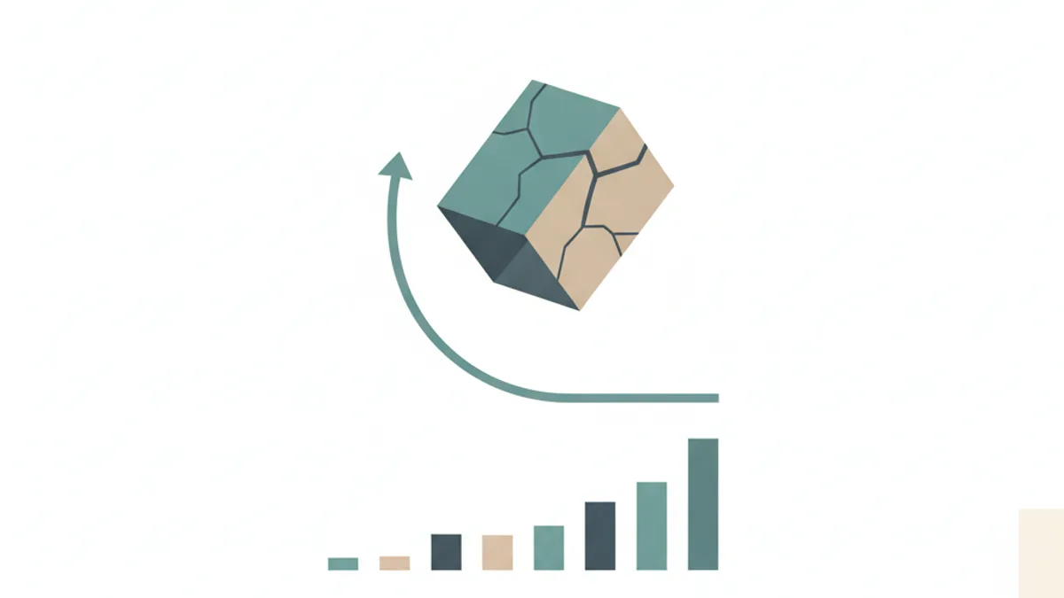 A cracked ceramic box falls along a downward arrow that levels off, beside small bar charts ranging from short to tall.