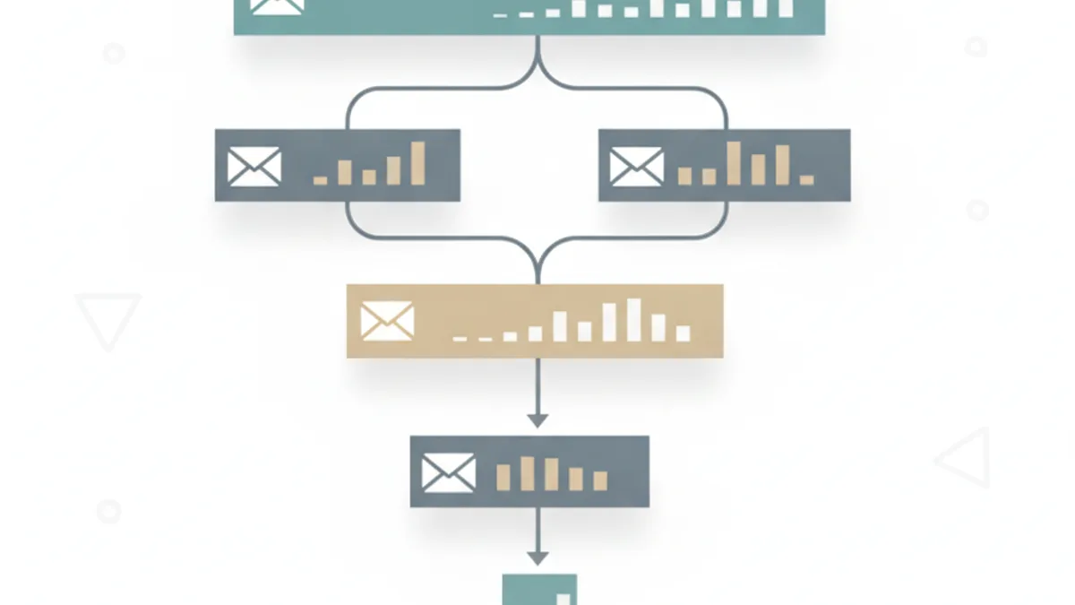 A funnel-shaped flowchart with seven color-coded stages, each showing an envelope icon and a bar chart, connected by downward arrows.