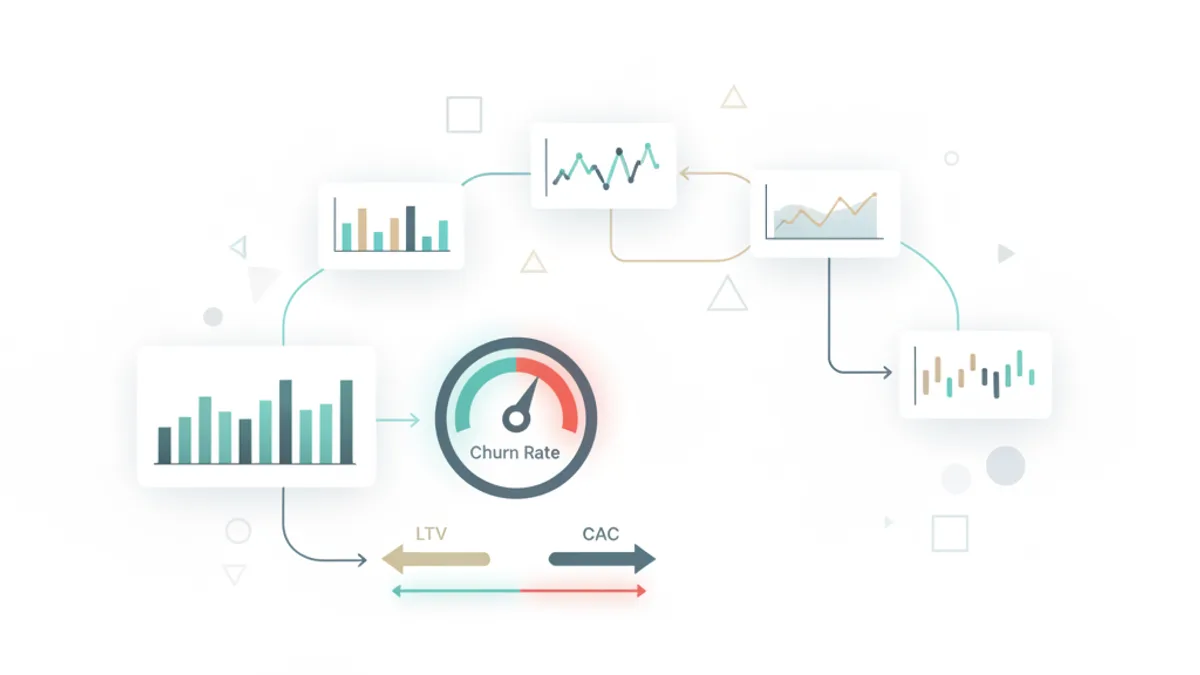 A curved dashboard displays seven metric cards with a bar chart, a red-zone gauge needle, opposing scale arrows, sparklines, and connecting directional arrows.
