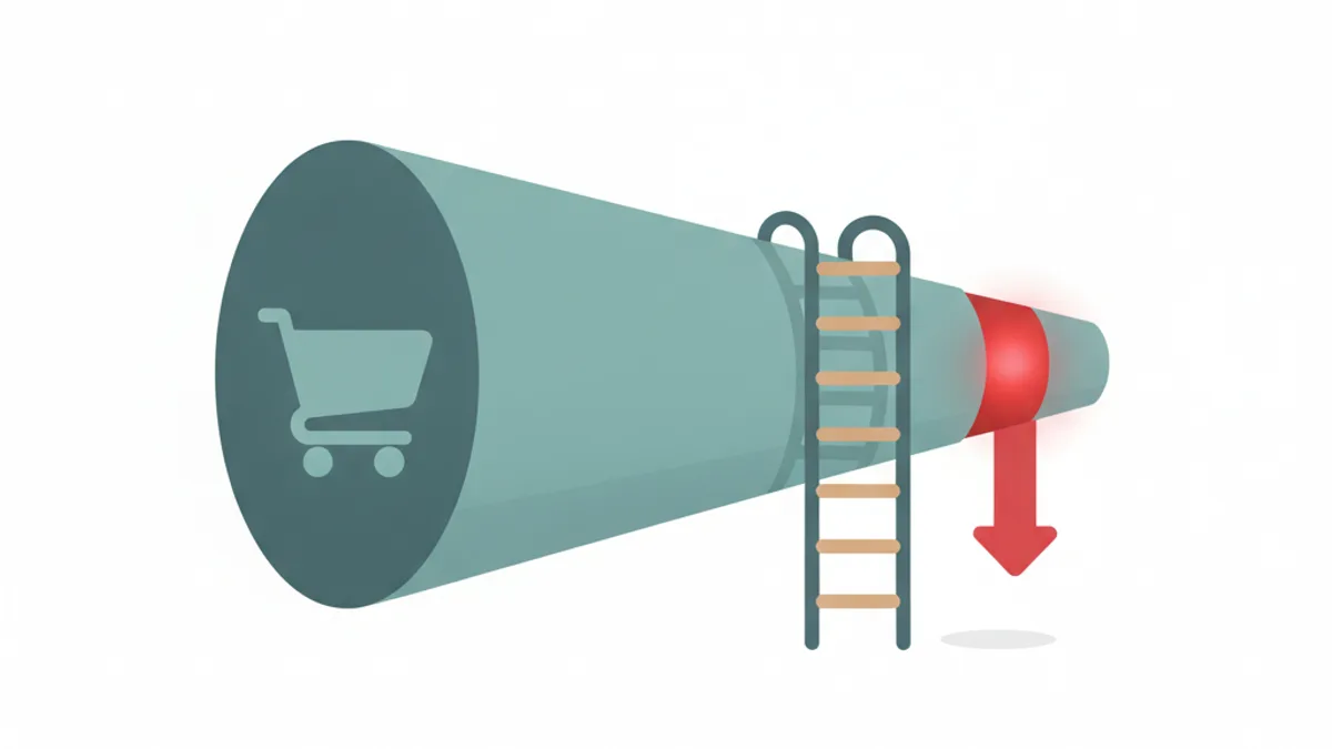 A funnel with a glowing red band near the bottom leaking a downward arrow, bridged by a five-rung ladder leading back inside.