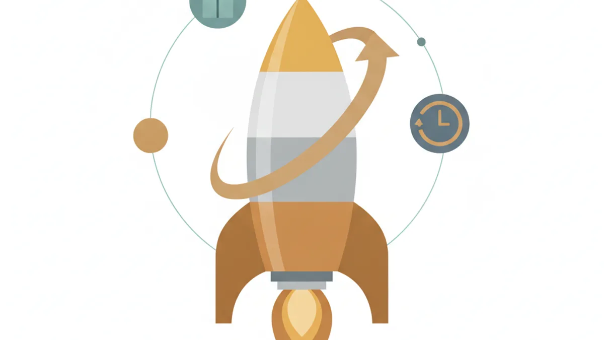 Layered bar chart shaped like a rocket, with bronze, silver, and gold tier segments ascending upward, surrounded by a gift box, clock, and curved arrow.