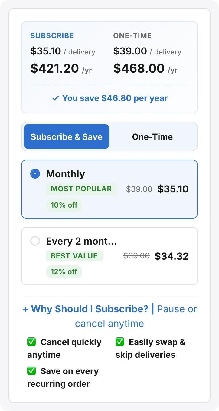 Comparison subscribe-and-save widget